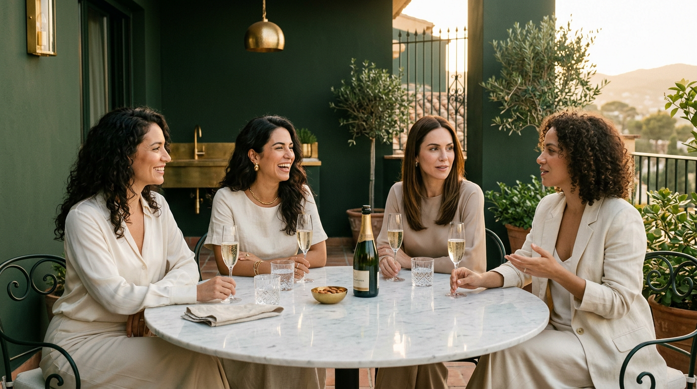 Comunidad de mujeres elegantes compartiendo en luz dorada